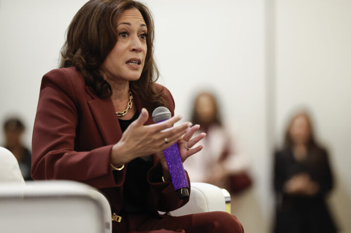 LOS ANGELES, CALIFORNIA - SEPTEMBER 29: Former U.S. Vice President Kamala Harris speaks at the third annual SHE LEADS Conference at SLS Hotel on September 29, 2026 in Los Angeles, California. Harris spoke in conversation with Fatima Goss Graves, President and CEO of National Women’s Law Center, at the event. (Photo by Mario Tama/Getty Images)