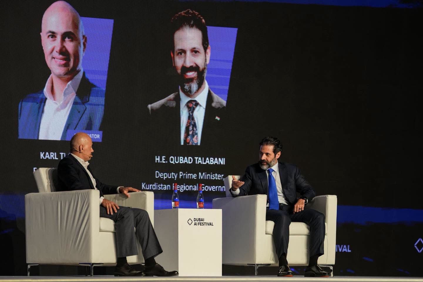 Qubad Talabani (right) addresses delegates at the Dubai AI Festival, inviting international tech firms to invest in Kurdistan. (Photo: Media Office of Deputy Prime Minister Qubad Talabani)