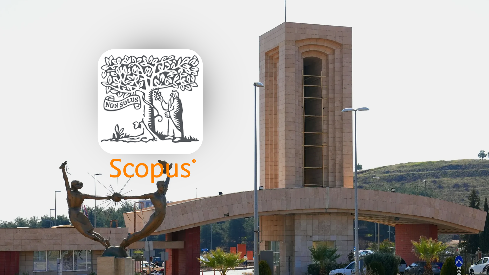 The main gate of the University of Sulaimani is pictured alongside the official logo of the Scopus database 
