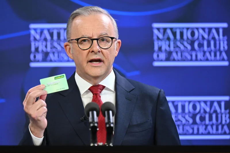 Australian Prime Minister Anthony Albanese addresses the National Press Club in Canberra, Australia, on, April 30, 2025.  Lukas Coch/AAP via AP