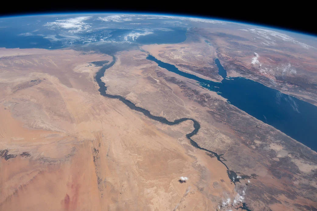 An aerial view of the Middle East from 400 km above Earth shows Egypt, the Nile, Sinai, and the Red Sea from the International Space Station. Photo: NASA